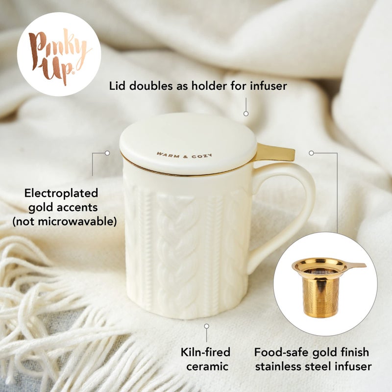 Pinky Up Annette Loose Leaf Tea Cup, Ceramic Travel Mug with Infuser and Lid, for Work, Office, Picnic, Camping, Outdoor Party, Spa Day, 12 oz, Set of 1, Knit Design - Image 2